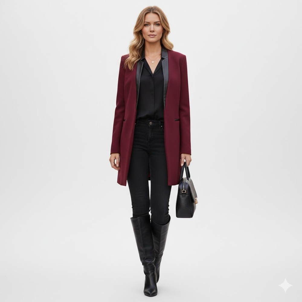 Melanie Lyne Redingote faux leather detail jacket